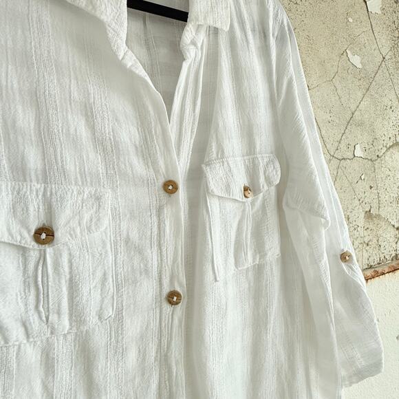 Dotti Shirt Dress Cotton Gauze Beach Cover Up White Button Front Large Coastal - Picture 3 of 8